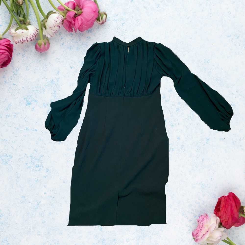 Vince Camuto Dark Green Midi Dress with Pleated Bodice